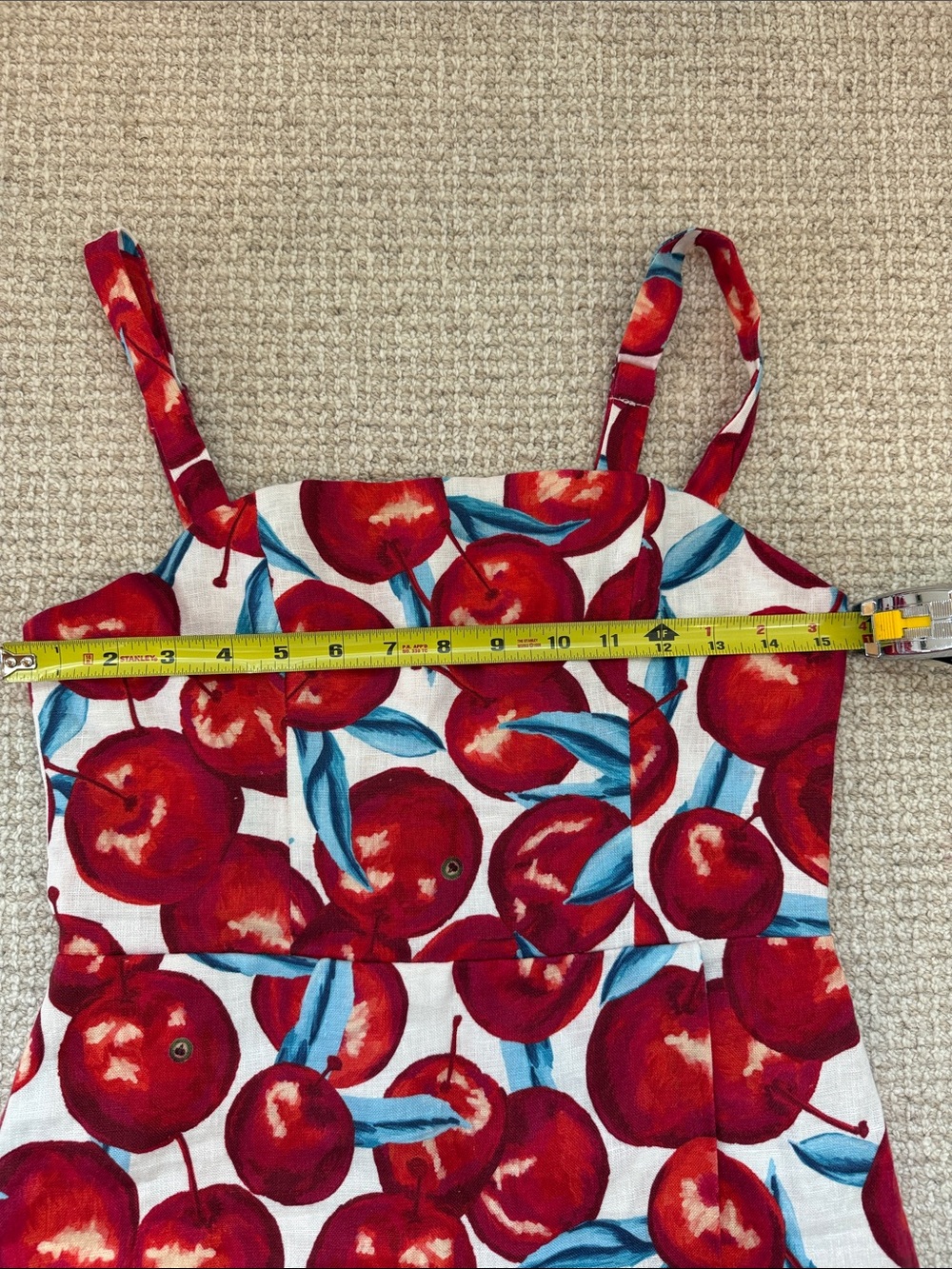 FARM Rio Linen Red Cherry Print Mini Dress with Blue Leaves - worn once. Size S - Picture 5 of 9